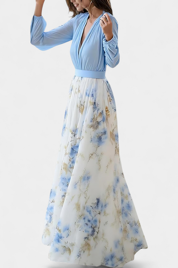 Eliane Vestido Largo con Estampado Floral y Escote Profundo