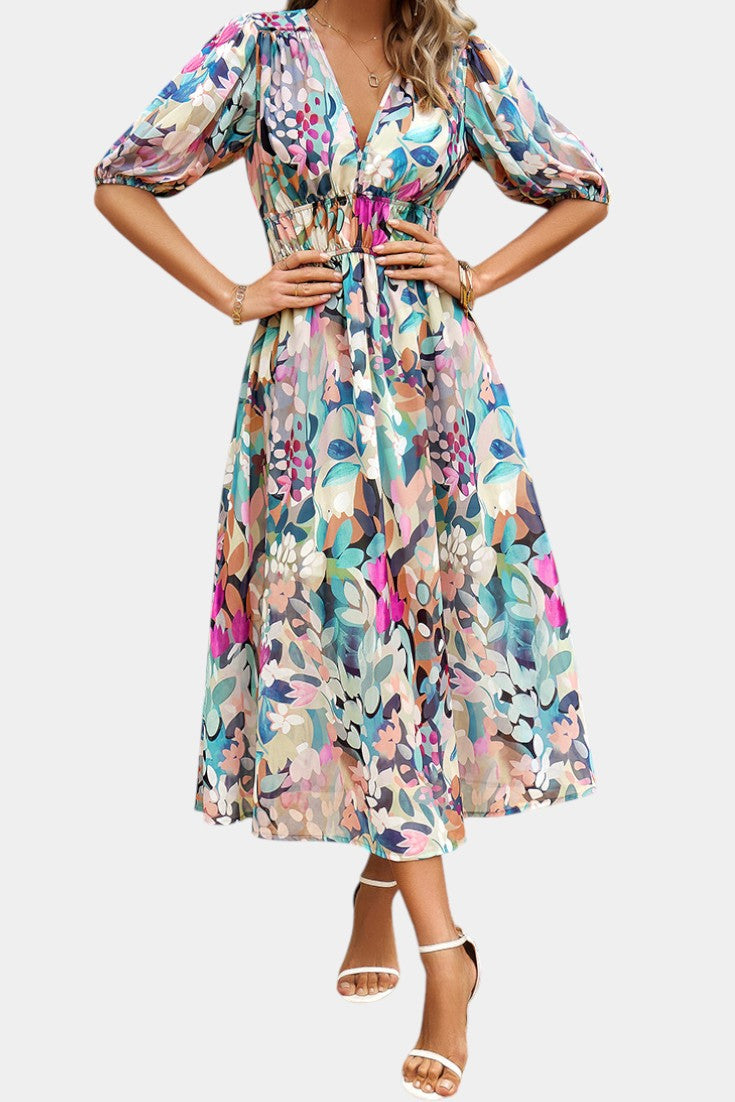 Georgina Vestido Midi Floral con Escote en V