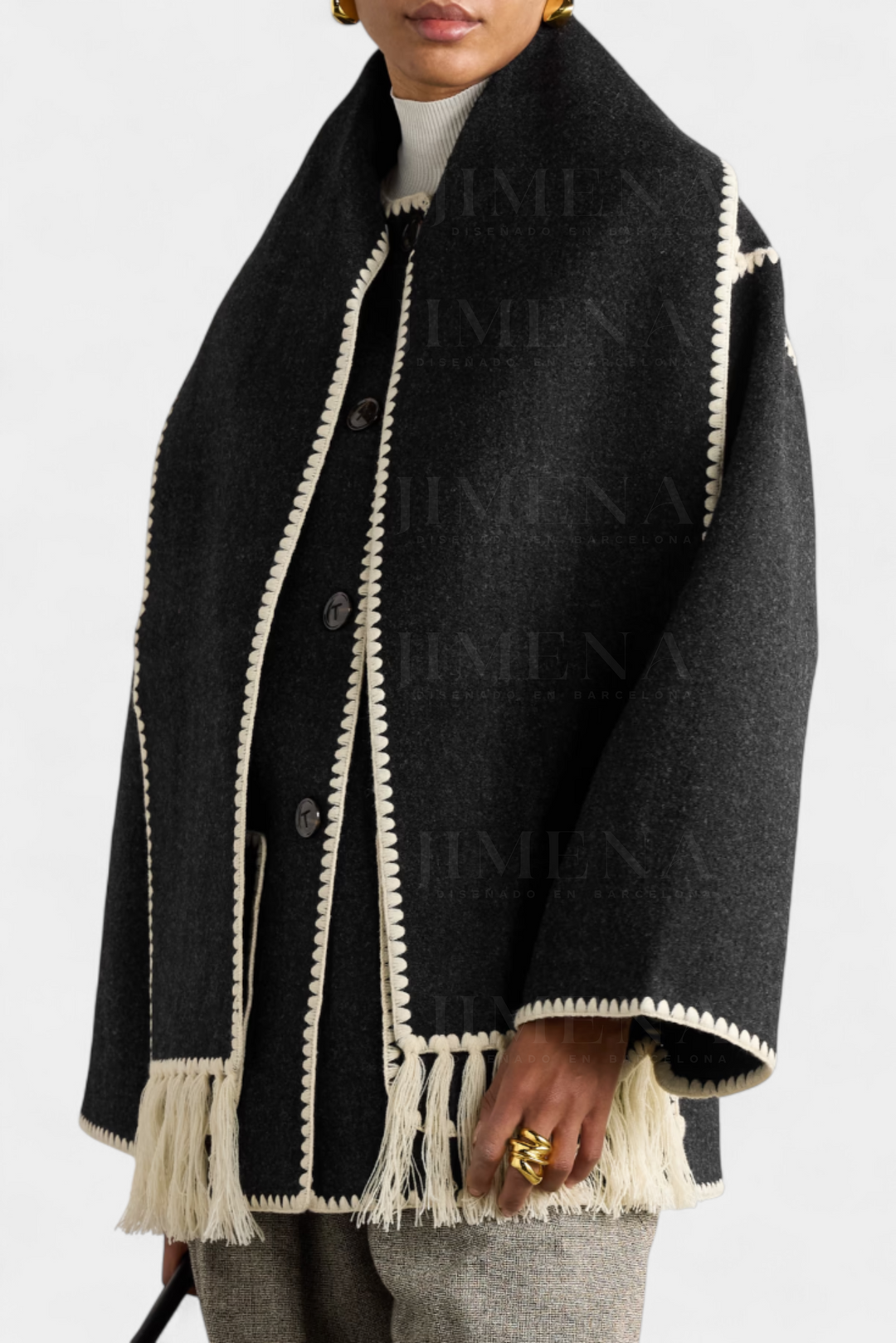 Pauline Abrigo de Corte Suelto con Bufanda de Flecos Incorporada