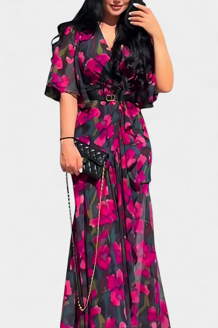 Sima Vestido Cruzado Estampado con Escote en V y Mangas Acampanadas