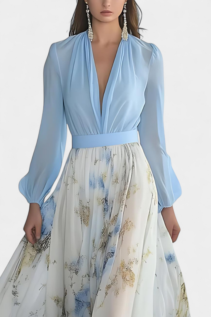 Eliane Vestido Largo con Estampado Floral y Escote Profundo