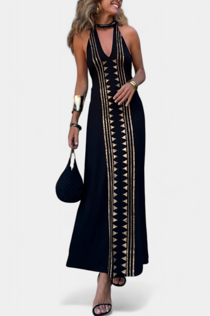 Dulce Vestido Largo Halter con Espalda Descubierta y Estampado Dorado