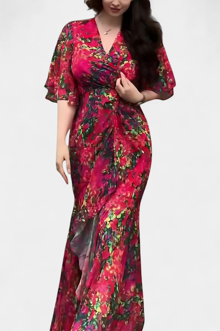 Sima Vestido Cruzado Estampado con Escote en V y Mangas Acampanadas