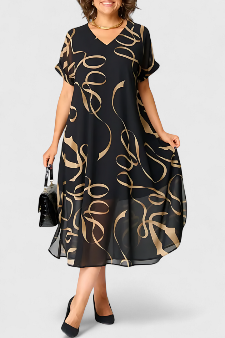 Allegra Vestido Negro con Estampado Abstracto en Oro y Escote en V