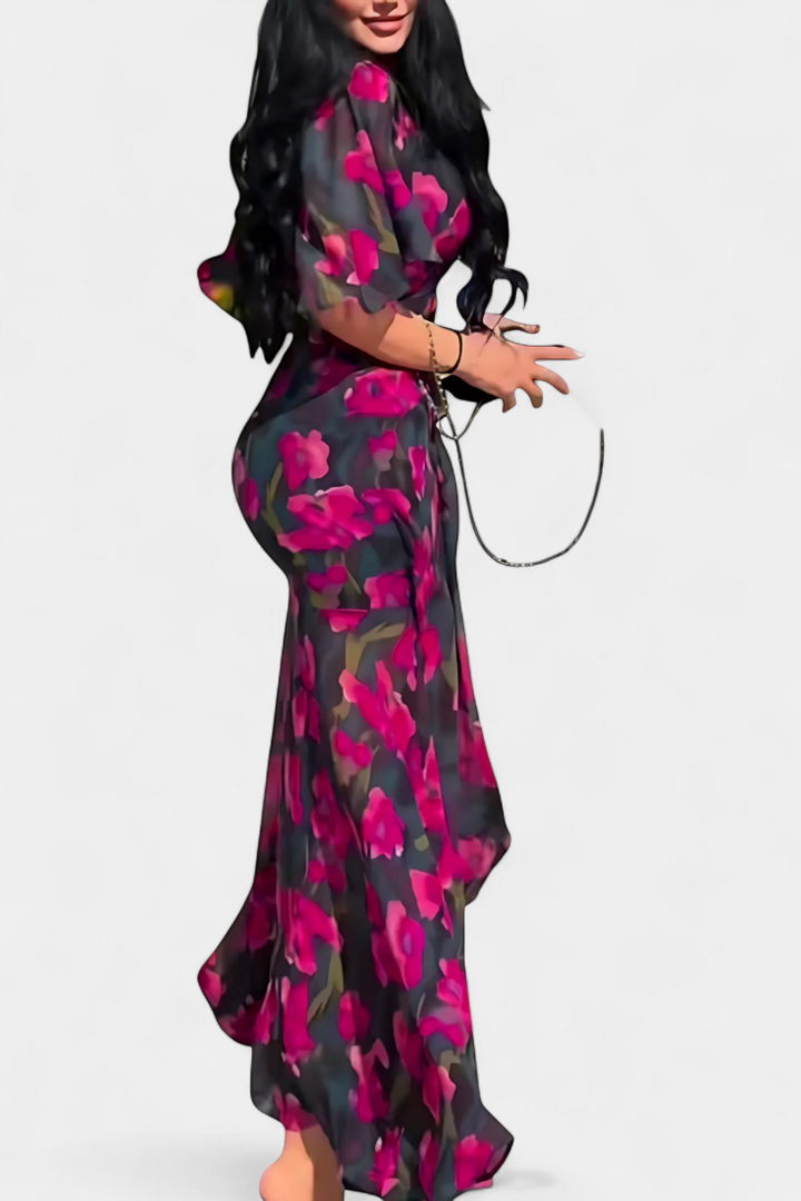 Sima Vestido Cruzado Estampado con Escote en V y Mangas Acampanadas