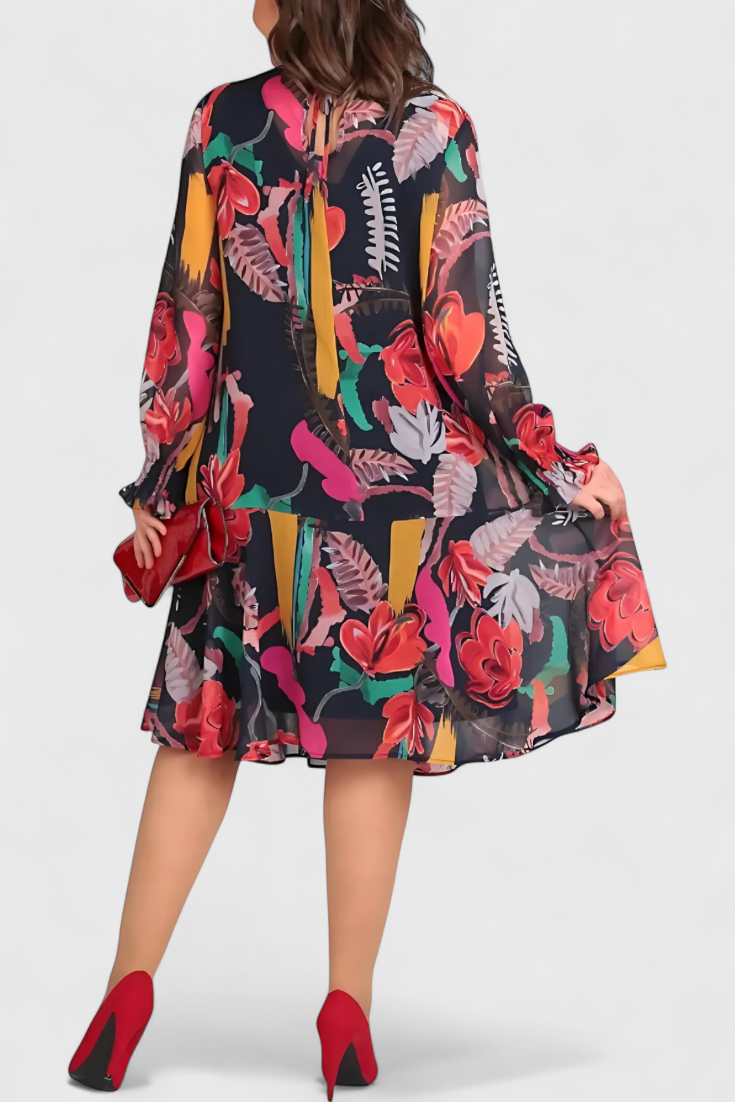 Annegret Vestido Midi Floral con Mangas Largas y Corte Fluido