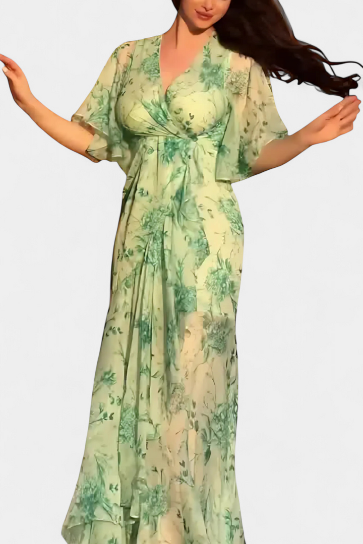 Sima Vestido Cruzado Estampado con Escote en V y Mangas Acampanadas