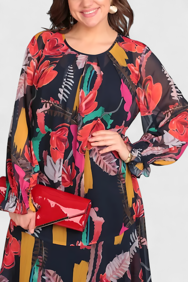 Annegret Vestido Midi Floral con Mangas Largas y Corte Fluido