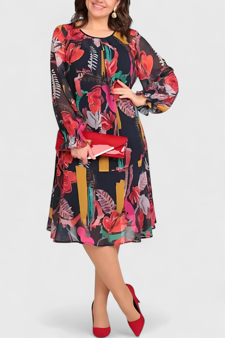 Annegret Vestido Midi Floral con Mangas Largas y Corte Fluido