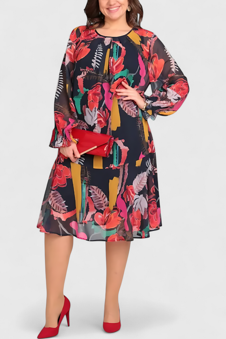 Annegret Vestido Midi Floral con Mangas Largas y Corte Fluido