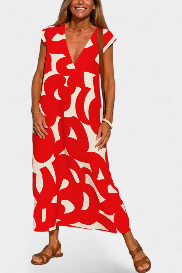 Asela Vestido Casual con Escote en V y Estampado Mixi