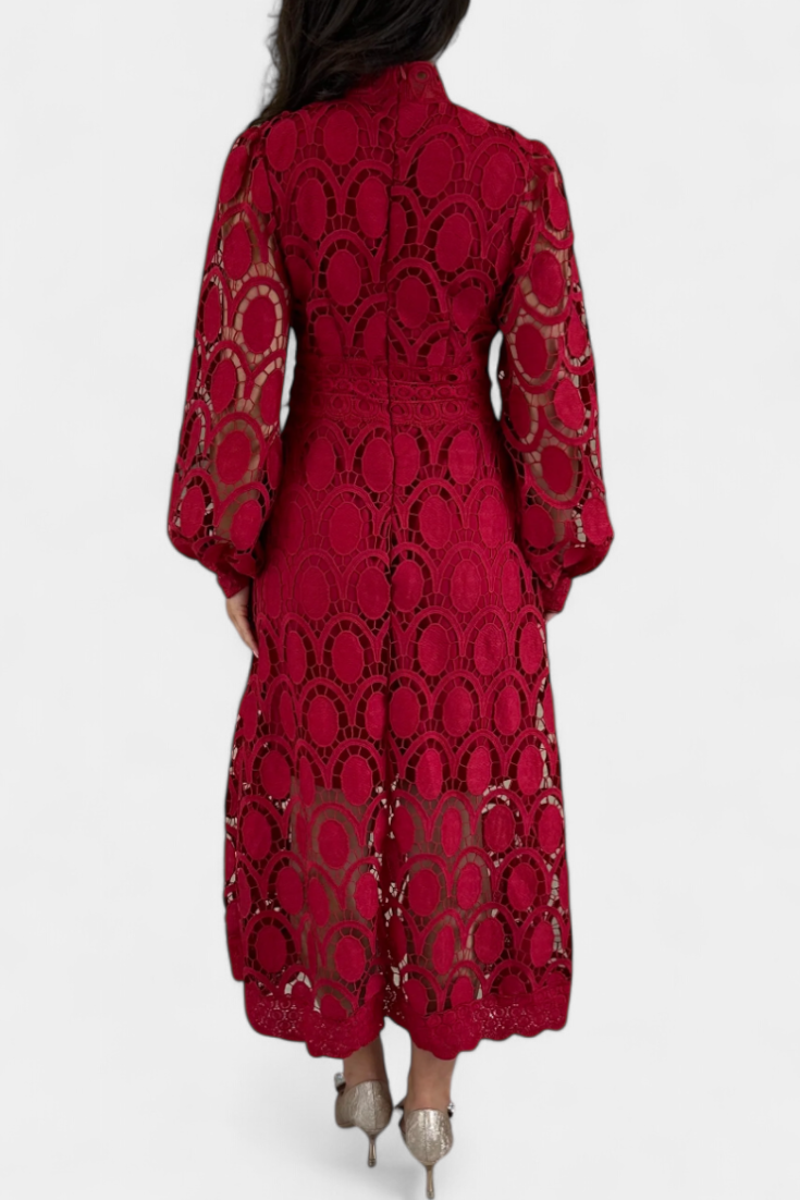 Jovie Vestido Midi de Encaje Bordado con Cuello Alto