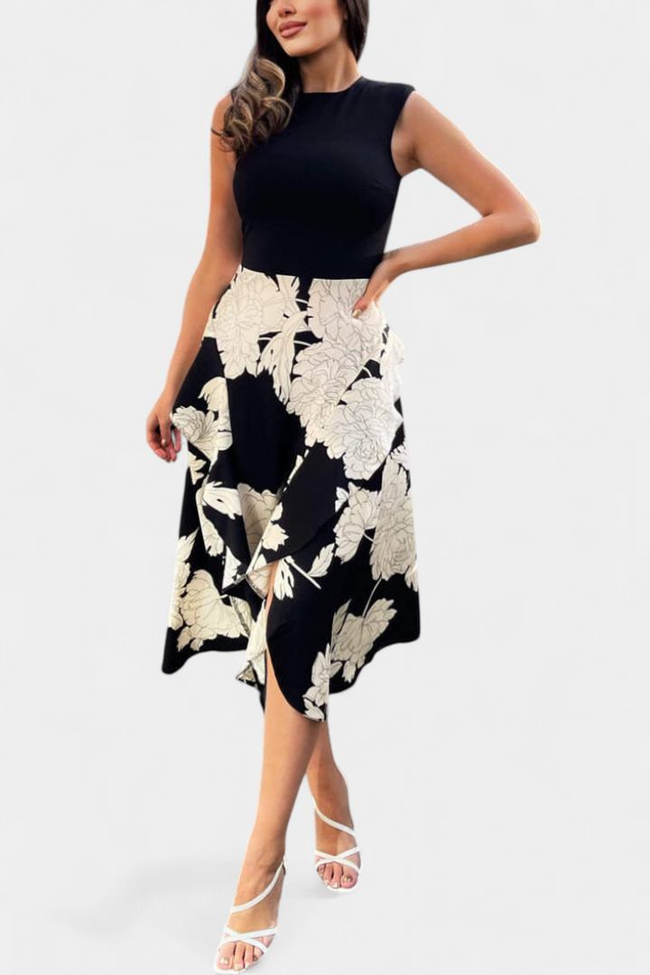 Raquel Vestido con Top de Punto y Falda Floral con Abertura