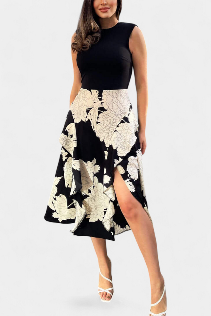 Raquel Vestido con Top de Punto y Falda Floral con Abertura