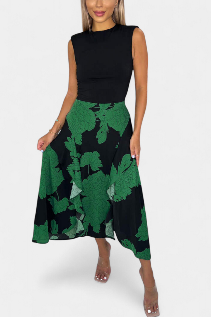 Raquel Vestido con Top de Punto y Falda Floral con Abertura