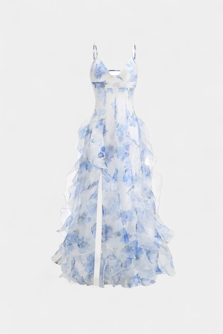 Bonnie Vestido Maxi con Volantes Florales y Corte Lateral