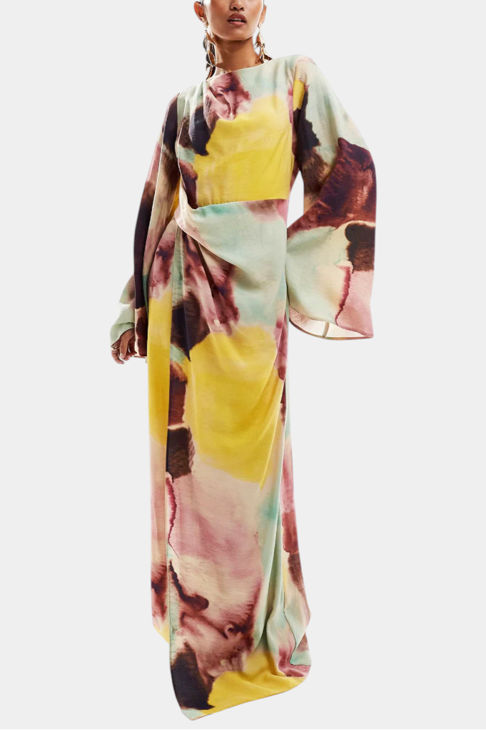 Dana Vestido Maxi con Estampado de Acuarela y Frontal Torcido
