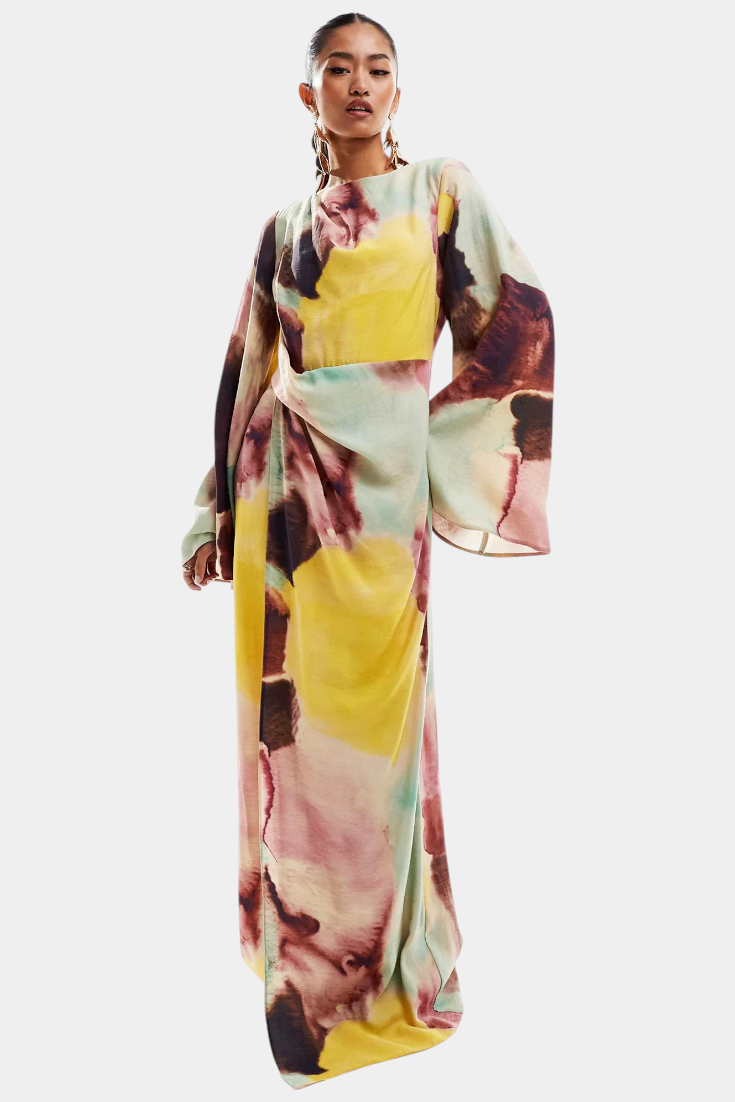 Dana Vestido Maxi con Estampado de Acuarela y Frontal Torcido