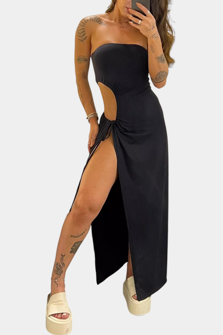 Teuta Vestido Sin Tirantes con Lazo Lateral y Abertura Alta