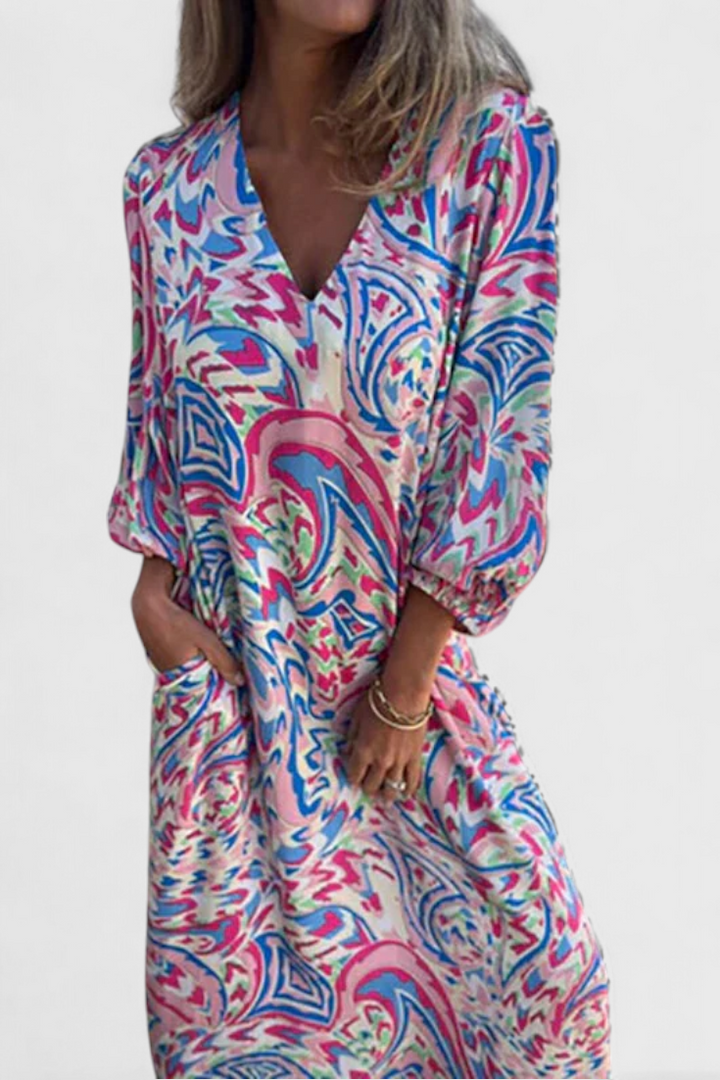 Carmina Vestido Maxi Bohemio con Escote en V y Estampado Abstracto