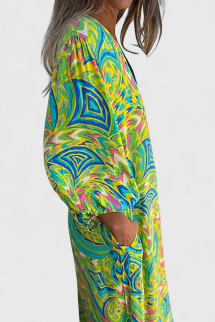 Carmina Vestido Maxi Bohemio con Escote en V y Estampado Abstracto