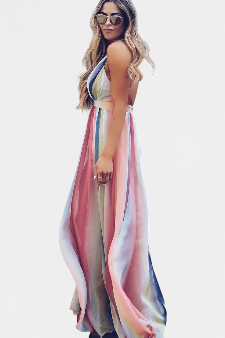 Gretchen Vestido de Rayas Multicolor con Escote en V