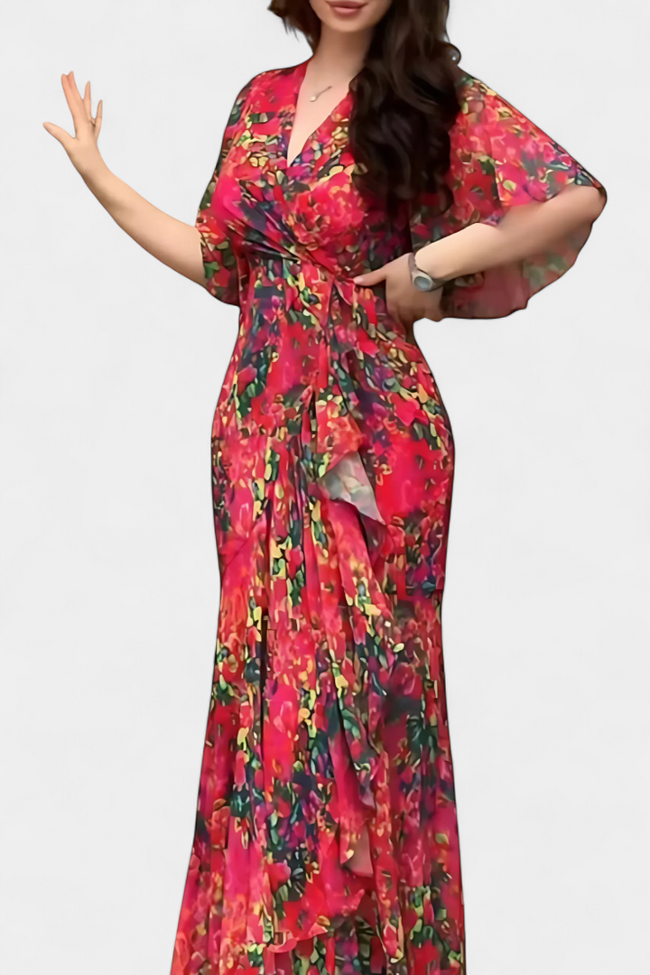 Sima Vestido Cruzado Estampado con Escote en V y Mangas Acampanadas