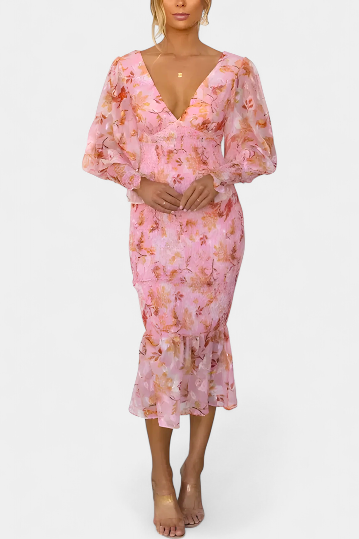 Carly Vestido Midi Floral con Cintura Fruncida y Mangas Vaporosas