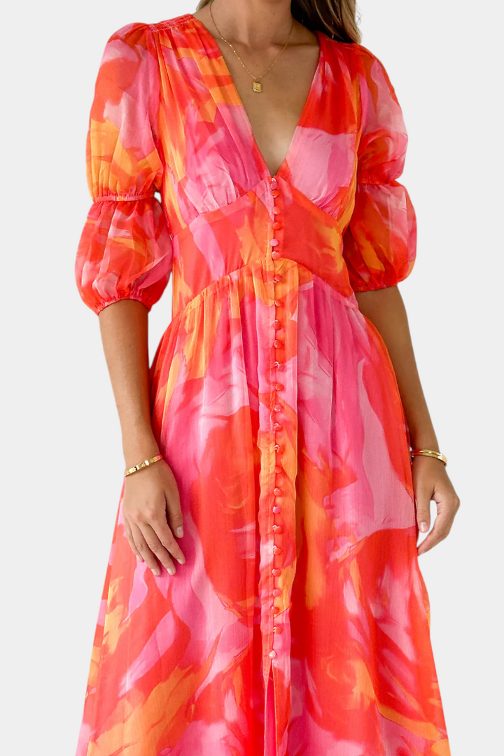 Essja Vestido Maxi de Manga Abullonada con Escote en V