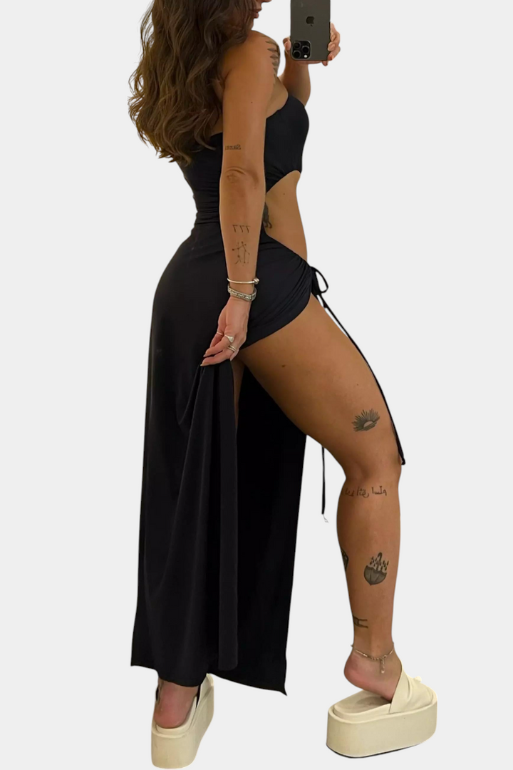 Teuta Vestido Sin Tirantes con Lazo Lateral y Abertura Alta