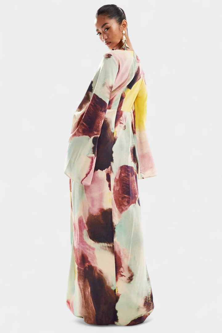 Dana Vestido Maxi con Estampado de Acuarela y Frontal Torcido