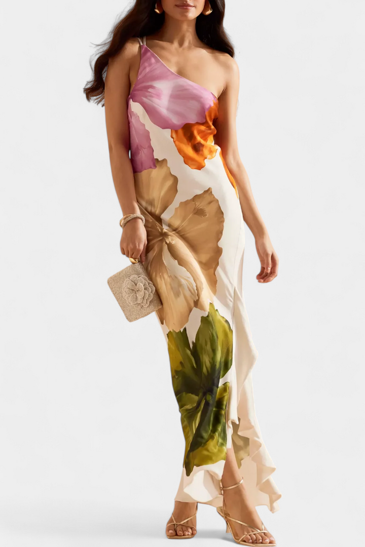 Almudena Vestido Elegante con Patchwork y Cuello Asimétrico