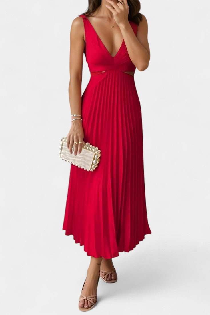 Selena Vestido Sin Mangas Plisado con Corte Lateral y Detalle Torcido