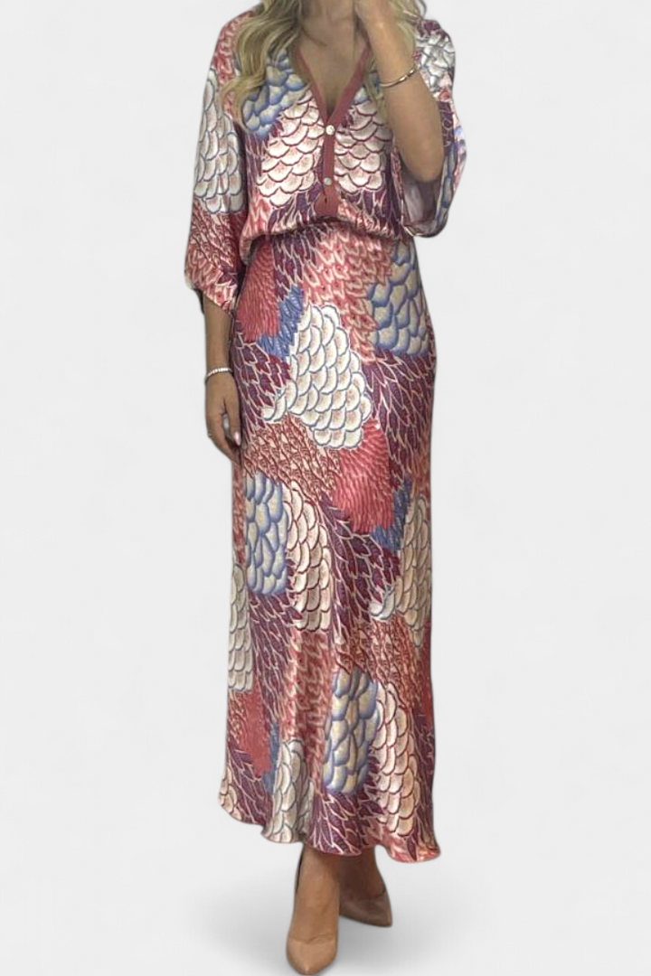 Shae Conjunto Suave de Blusa y Falda de Cola de Pez Floral