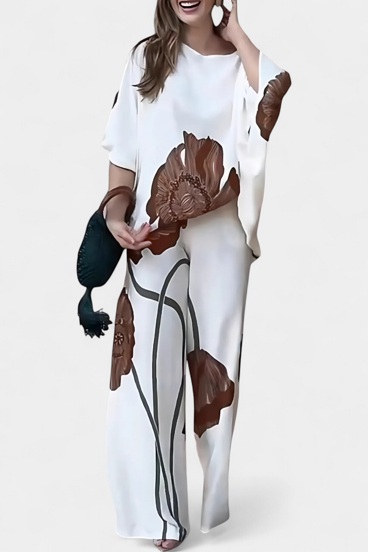 Sybella Conjunto Floral de Dos Piezas con Hombro Descubierto y Pantalón Recto