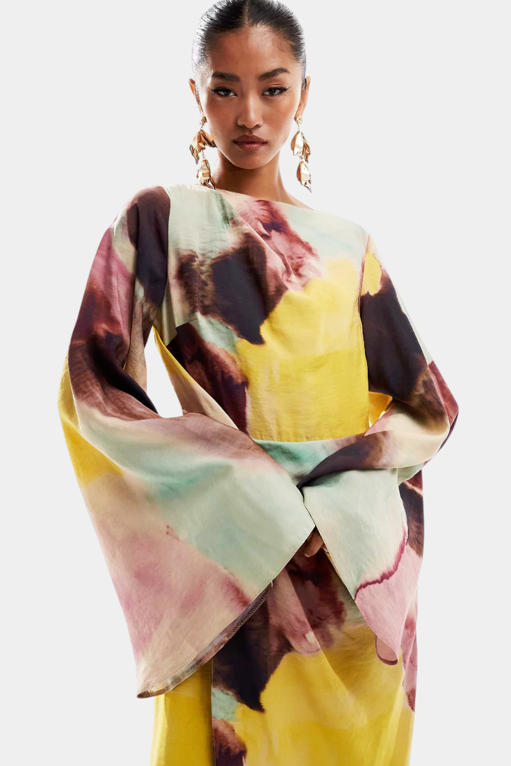 Dana Vestido Maxi con Estampado de Acuarela y Frontal Torcido