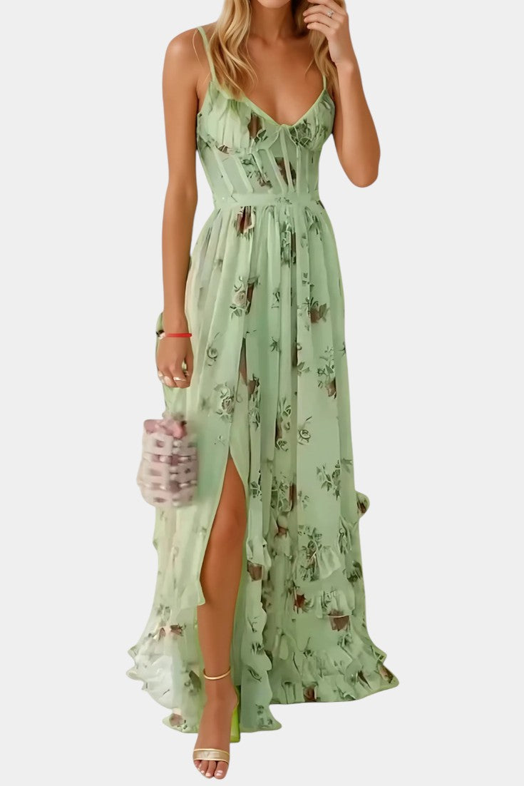 Luna Vestido Maxi con Corsé Floral y Silueta Sofisticada
