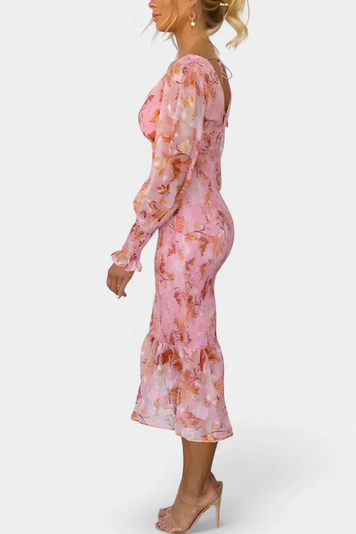 Carly Vestido Midi Floral con Cintura Fruncida y Mangas Vaporosas
