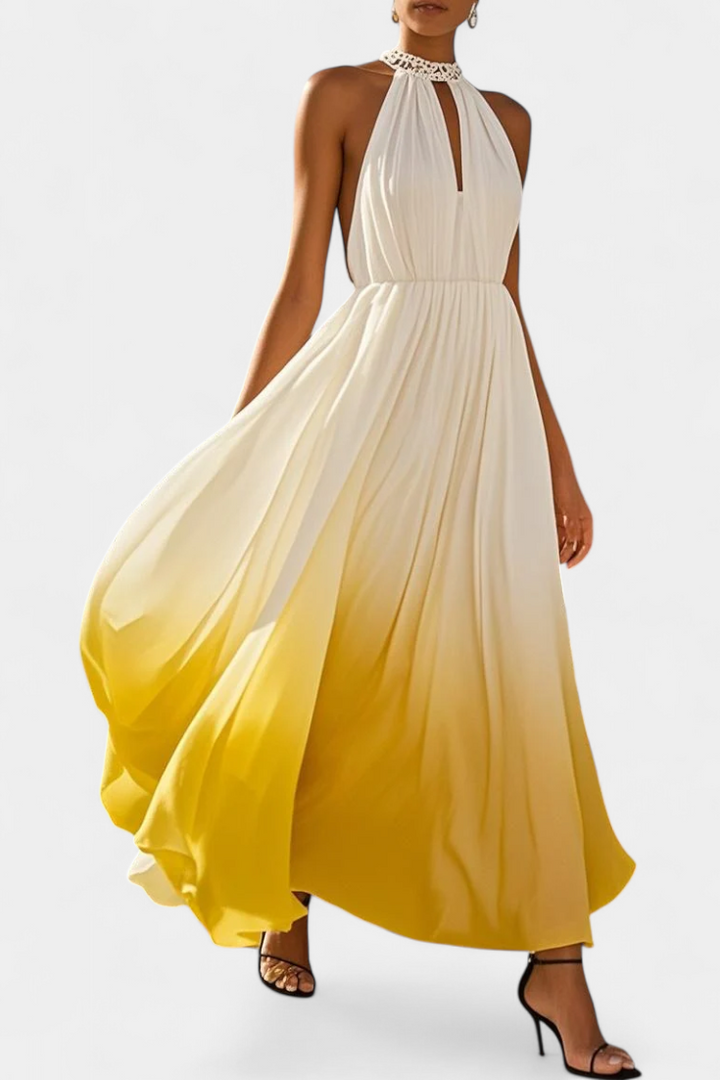 Starla Vestido Maxi Halter Plisado con Detalles de Perlas