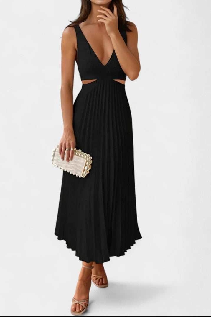 Selena Vestido Sin Mangas Plisado con Corte Lateral y Detalle Torcido