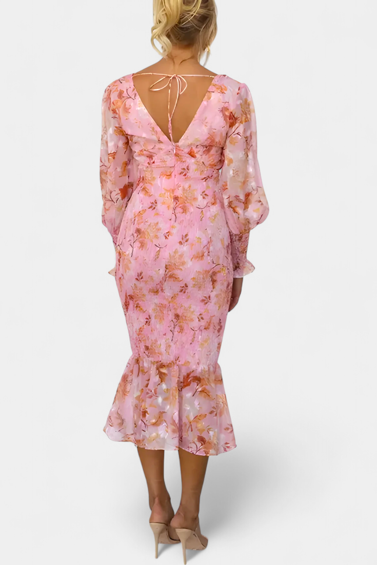 Carly Vestido Midi Floral con Cintura Fruncida y Mangas Vaporosas