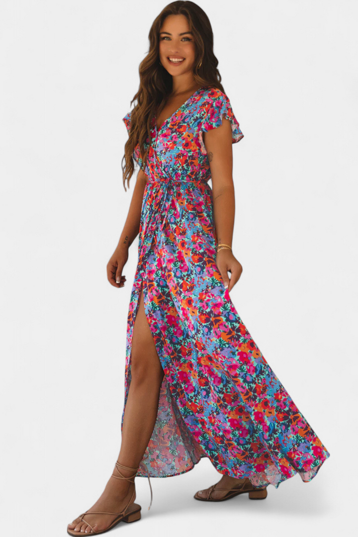 Ximena Vestido Cruzado Largo con Estampado Floral y Abertura Lateral