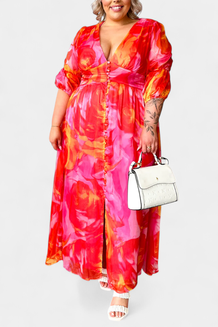 Essja Vestido Maxi de Manga Abullonada con Escote en V