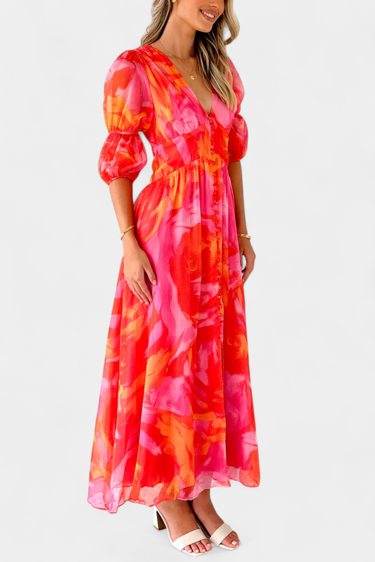 Essja Vestido Maxi de Manga Abullonada con Escote en V