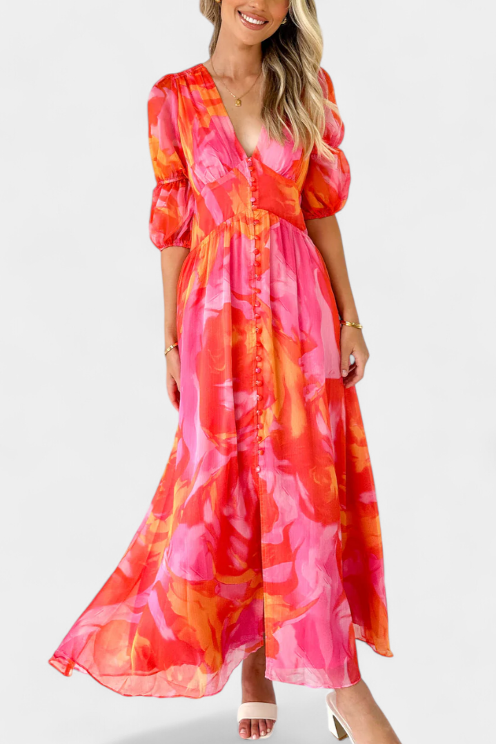 Essja Vestido Maxi de Manga Abullonada con Escote en V