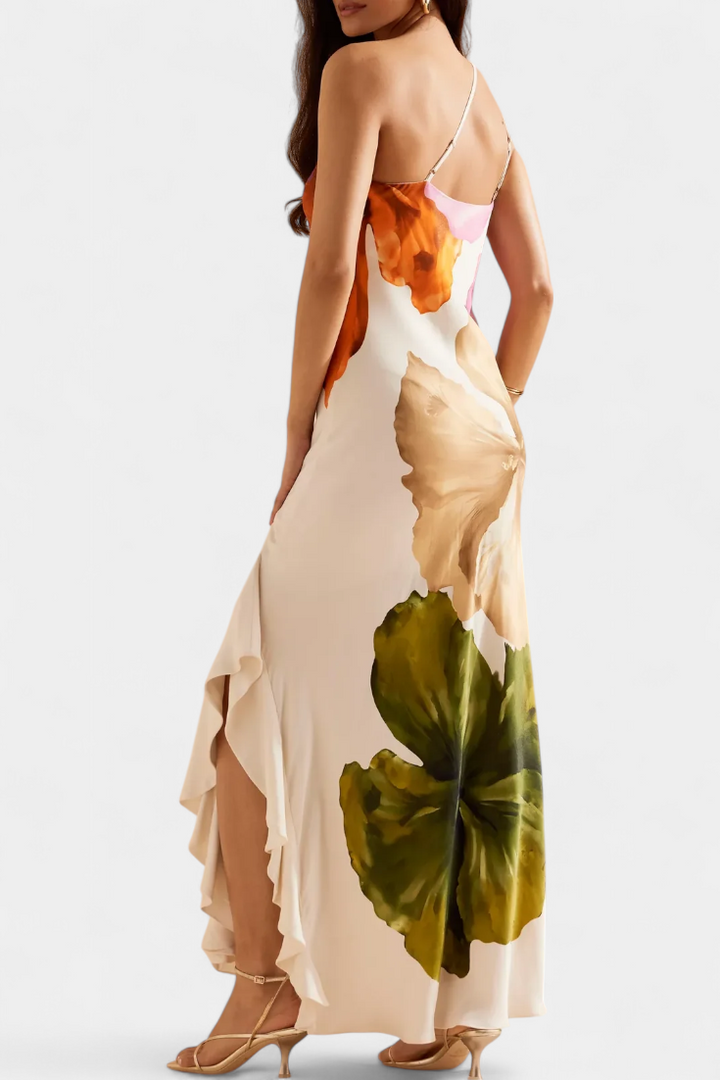 Almudena Vestido Elegante con Patchwork y Cuello Asimétrico