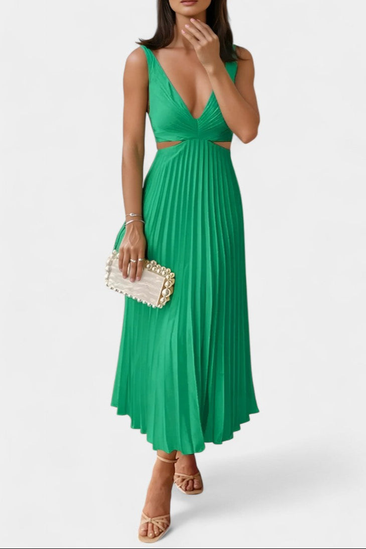 Selena Vestido Sin Mangas Plisado con Corte Lateral y Detalle Torcido