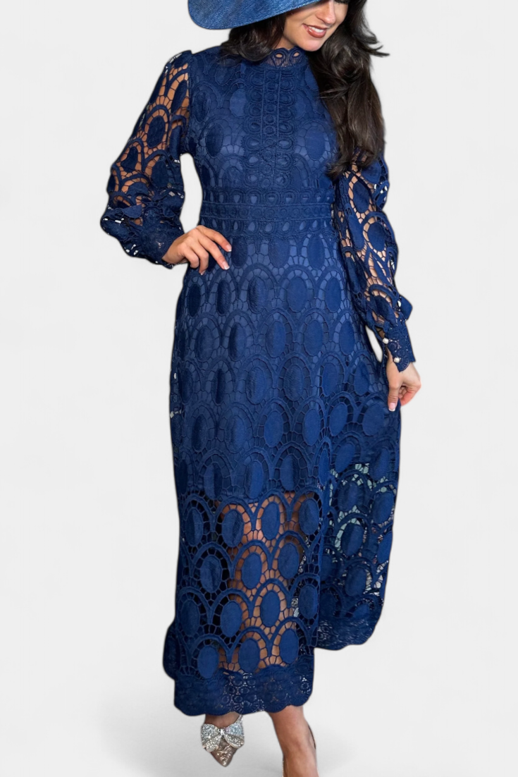 Jovie Vestido Midi de Encaje Bordado con Cuello Alto