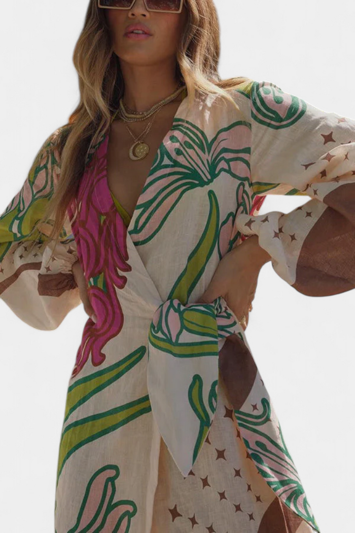 Fana Vestido Cruzado Estampado Floral con Lazo a la Cintura