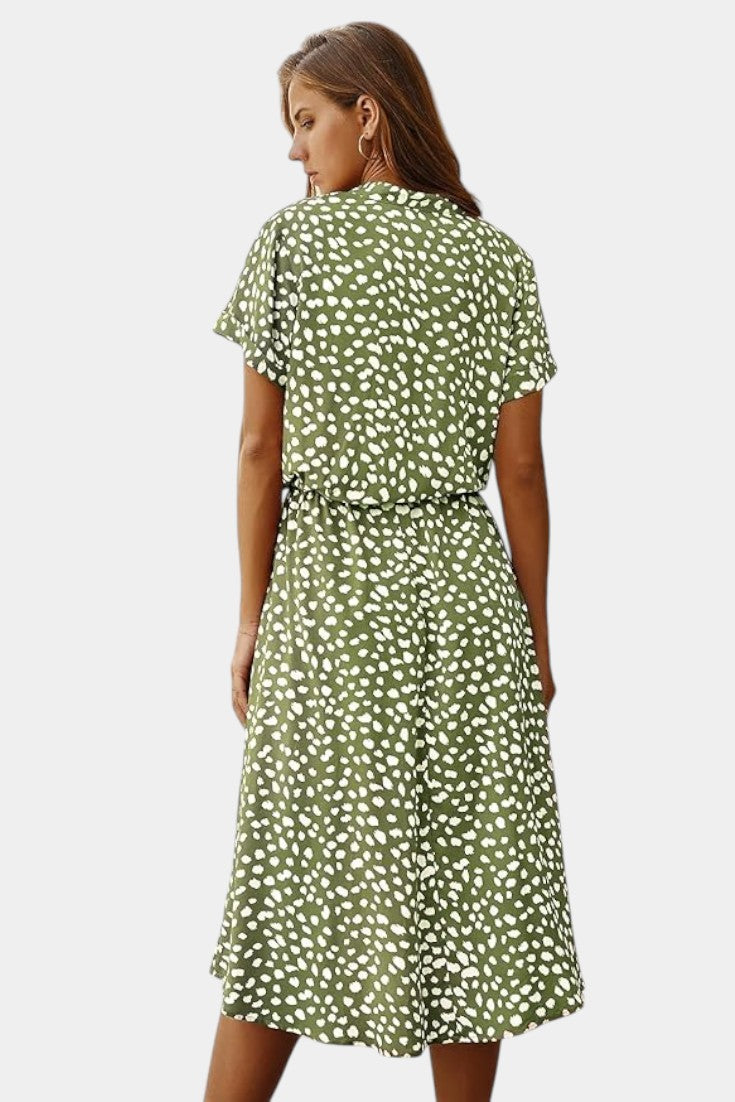 Rovena Vestido Midi de Lunares con Cuello Camisero y Cintura Ajustable